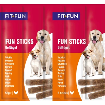 FIT+FUN Fun Sticks for dogs, featuring poultry flavor. Packaging shows two dogs and lists ingredients in multiple languages. 55g, 5 sticks.