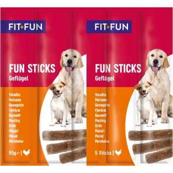 FIT+FUN Fun Sticks für Hunde, mit Geflügelgeschmack. Die Verpackung zeigt zwei Hunde und listet die Zutaten in mehreren Sprachen auf. 55 g, 5 Sticks.