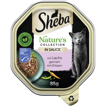 Nature´s Collection 22 x 85g in Sauce Lachs mit Erbsen Sheba Nature's Collection Katzenfutter in Sauce, mit Lachs und Erbsen, 85g Verpackung mit einem Logo für nachhaltige Meeresfrüchtezertifizierung.