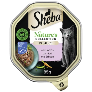 Sheba Nature's Collection Katzenfutter in Sauce, mit Lachs und Erbsen, 85g Verpackung mit einem Logo für nachhaltige Meeresfrüchtezertifizierung.