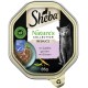 Karma dla kotów Sheba Nature's Collection w sosie, z łososiem i groszkiem, opakowanie 85g z logo certyfikacji zrównoważonego rybołówstwa.