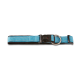 Blaues gepolstertes Nylon-Hundehalsband mit schwarzer Kunststoffschnalle, beschriftet "WOLTERS", silbernem D-Ring und verstellbarem Riemen.