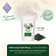 Chlorella-Pulverergänzung für Katzen und Hunde in einem weißen Behälter, mit einem Katzenbild und Text, der die tägliche Dosierung und Fütterungsempfehlungen beschreibt.