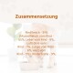 Ein Hund, der aus einer Schüssel frisst, mit einem Textüberlagerung, die die Zusammensetzung des Futters detailliert: 91% Rindfleisch, einschließlich verschiedener Innereien.