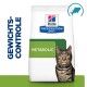 Hill's Prescription Diet Metabolic kattenvoer zak met een tabby kat met een blauwe halsband, naast de tekst 'Gewichts- Controle.'