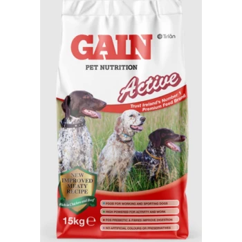 Bag of GAIN Active Pet Nutrition dog food, featuring three dogs on the front, with text highlighting its benefits and ingredients.