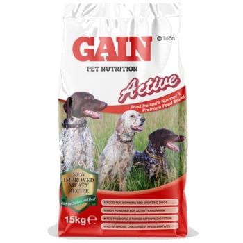 Bag of GAIN Active Pet Nutrition dog food, featuring three dogs on the front, with text highlighting its benefits and ingredients.