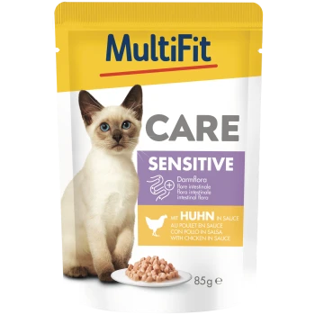 MultiFit CARE SENSITIVE Katzenfutter-Beutel mit Siamkatze, 'mit Huhn in Soße', Symbol für Darmflora, 85 g