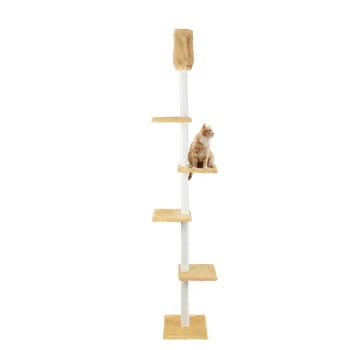 Silvio Design Kratzbaum Deckenspanner Superior beige Ein hoher, mehrstöckiger Katzenbaum mit weichen, beigen Plattformen und einer gemütlichen oberen Liegefläche, auf der eine hellorange Katze auf der höchsten Ebene sitzt.