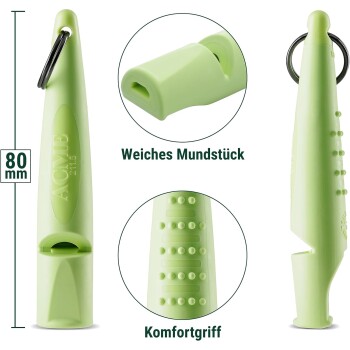 Hellgrüne ACME-Hundepfeife mit Schlüsselring, 80 mm lang, weiches Mundstück und strukturierter Griff, aus mehreren Blickwinkeln gezeigt.