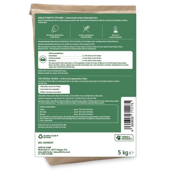 5-kg-Braunpapiertüte mit grünem Etikett für Hundefutterflocken, mehrsprachige Zutatenangaben, Fütterungsanleitung und Barcode.