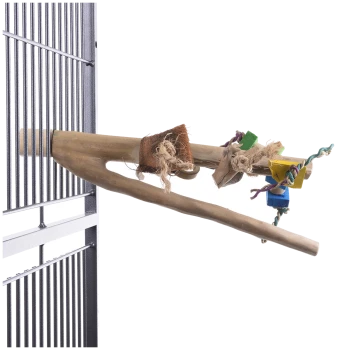 Holzvogelstange mit bunten Spielzeugen, die für Haustiervögel entworfen wurde, montiert an einem Metallkäfig.