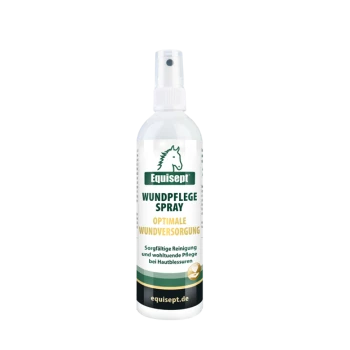 Equisept Wundpflege-Sprayflasche mit einem Pferdelogo, beschriftet mit 'Wundpflege Spray' und 'Optimale Wundversorgung', für die Wundpflege.