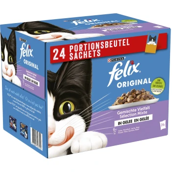 Original Gemischte Vielfalt in Gelee 24x85 g Schachtel mit Purina Felix Original Katzenfutter, die das Gesicht einer schwarz-weißen Katze zeigt, gekennzeichnet mit "24 Portionsbeutel" und "In Gelee."