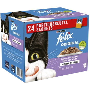 Schachtel mit Purina Felix Original Katzenfutter, die das Gesicht einer schwarz-weißen Katze zeigt, gekennzeichnet mit "24 Portionsbeutel" und "In Gelee."