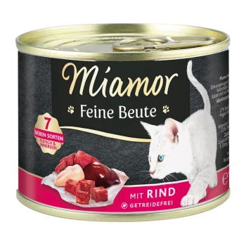 Dose Katzenfutter mit der Aufschrift 'Miamor Feine Beute' mit Rindfleisch, mit einer weißen Katze auf der Vorderseite und Text, der '7 Sorten Fleisch & Innereien' hervorhebt.