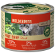 Dosen-Hundefutter mit der Aufschrift "Real Nature Wilderness Pure Beef", das einen Wolf auf der Vorderseite zeigt, enthält 95% Rindfleisch und 5% Früchte und Kräuter.