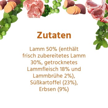 Zutatenliste für Haustierfutter: 50% Lamm (einschließlich 30% frisches Lamm, 18% getrocknetes Lammfleisch, 2% Lammbrühe), 23% Süßkartoffel, 9% Erbsen.