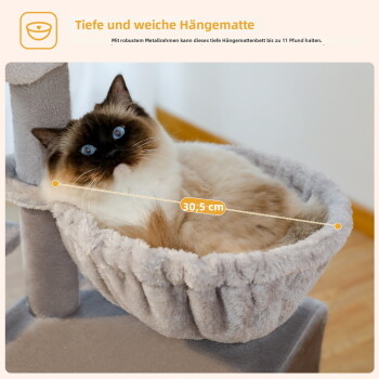 Eine flauschige Katze entspannt sich in einem 30 cm großen grauen Hängemattenbett mit einem stabilen Metallrahmen und einer Tragfähigkeit von 5 kg.