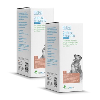 Ohrenreiniger für Hunde und Katzen mit einer sanften Formel. Der Text enthält "OHREN-REINIGER SENSITIVE" und Anwendungshinweise.