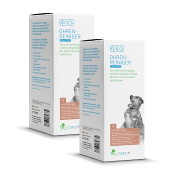 Ohrenreiniger für Hunde und Katzen mit einer sanften Formel. Der Text enthält "OHREN-REINIGER SENSITIVE" und Anwendungshinweise.