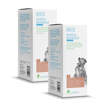 Ohrenreiniger für Hunde und Katzen mit einer sanften Formel. Der Text enthält "OHREN-REINIGER SENSITIVE" und Anwendungshinweise.