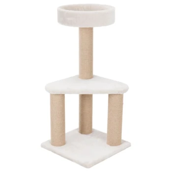Weißer dreieckiger Katzenbaum mit einem plüschigen oberen Platz und drei mit Sisal umwickelten Kratzpfosten.