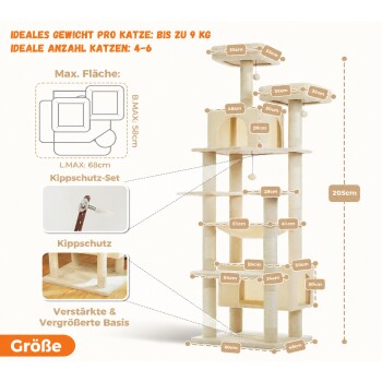 Beiger 205 cm hoher mehrstufiger Kratzbaum mit beschrifteten Abmessungen; sichtbarer Text 'Ideales Gewicht bis zu 9 kg; Ideale Anzahl 4-6'.