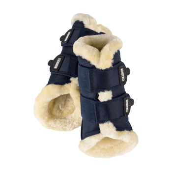 Marineblaue Haustierstiefel mit weichem, cremefarbenem Fleece-Futter und verstellbaren Riemen, entworfen für Komfort und Schutz.