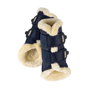 Marineblaue Haustierstiefel mit weichem, cremefarbenem Fleece-Futter und verstellbaren Riemen, entworfen für Komfort und Schutz.