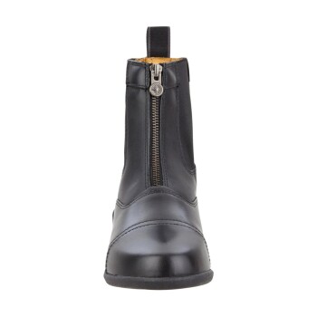 Schwarze Reitstiefel mit Reißverschluss vorne und Zuglasche, mit einem eleganten Design und glatter Oberfläche.