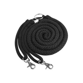 Schwarze geflochtene Haustierleine, spiralig gewickelt, mit zwei Metallclips zur Befestigung.