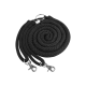 Schwarze geflochtene Haustierleine, spiralig gewickelt, mit zwei Metallclips zur Befestigung.