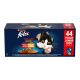 Purina Felix Katzenfutterkarton mit gezeichneter schwarz-weißer Katze, '44 POUCH JUMBO PACK' und dem Text 'Doppelt Lecker'.