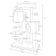 Katzenbaumdesign mit Abmessungen: Höhe 115 cm, Basis 70 x 40 cm, mit zwei würfelförmigen Häusern, einer oberen Plattform und Kratzpfosten.