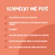 Haustierfutterprodukt mit dem Titel "Schmeckt wie Pute," das Vorteile hervorhebt: hohe Akzeptanz, glutenfrei und reich an Protein, Zink und Kalzium.