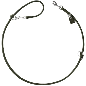 Eine grüne Leder-Hundeleine mit einem Metallclip und einem dekorativen Anhänger, mit einem einfachen, eleganten Design.