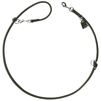Eine grüne Leder-Hundeleine mit einem Metallclip und einem dekorativen Anhänger, mit einem einfachen, eleganten Design.