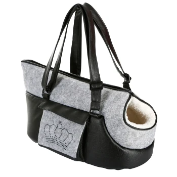 Stylische Tragetasche für Haustiere aus grauem Filz und schwarzem Leder, mit einem Kronendesign und einem weichen, gemütlichen Innenraum.