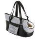 Stylische Tragetasche für Haustiere aus grauem Filz und schwarzem Leder, mit einem Kronendesign und einem weichen, gemütlichen Innenraum.