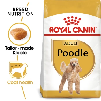 Royal Canin Adult Poodle dog food bag featuring a poodle illustration, with text highlighting breed nutrition and coat health benefits.