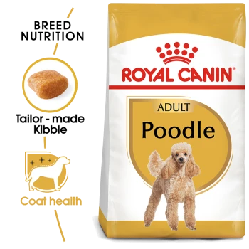 Royal Canin Adult Poodle dog food bag featuring a poodle illustration, with text highlighting breed nutrition and coat health benefits.