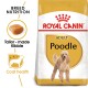 Royal Canin Adult Poodle dog food bag featuring a poodle illustration, with text highlighting breed nutrition and coat health benefits.