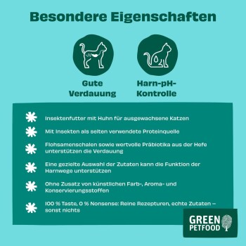 Grünes Petfood Sensitive Katzenfutter für erwachsene Katzen mit Insekten und Huhn, gute Verdauung, deutsche Qualität, vollständiges Menü.