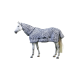 Ein weißes Pferd, das eine schwarz-weiße zebra-gestreifte Decke mit passender Kapuze trägt, steht vor einem einfarbigen Hintergrund.