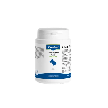 Canhydrox GAG Kości i stawy 200 g Tabletki Canina Canhydrox GAG dla psów, pojemność 200g, z niebiesko-białym wzorem z informacjami o wartości odżywczej i instrukcjami użytkowania.