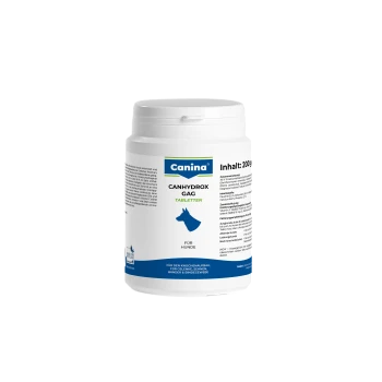 Canina Canhydrox GAG-Tabletten für Hunde, 200g Behälter, mit einem blauen und weißen Design mit Nährwertangaben und Anwendungshinweisen.