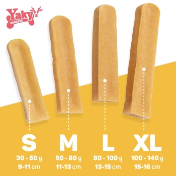 Yaky Hundekauartikel in den Größen S (30-50g, 9-11cm), M (50-80g, 11-13cm), L (80-100g, 13-15cm), XL (100-140g, 15-16cm).