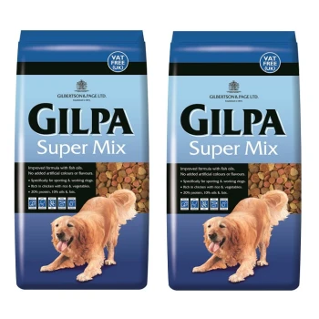 Super Mix 2x15 kg Zwei Säcke Gilpa Super Mix Hundefutter mit einem Golden Retriever auf der Vorderseite, das eine verbesserte Formel mit Fischölen hervorhebt.