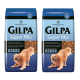 Zwei Säcke Gilpa Super Mix Hundefutter mit einem Golden Retriever auf der Vorderseite, das eine verbesserte Formel mit Fischölen hervorhebt.